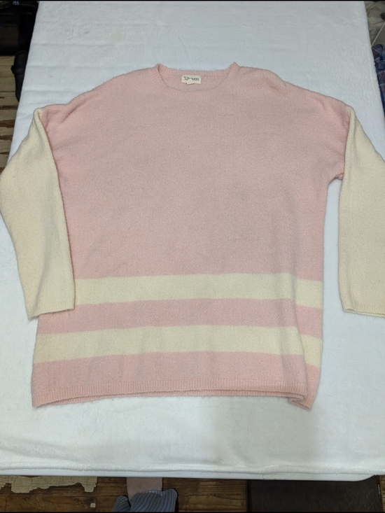 Seven7 Sweaters - Seven7 Pink and Cream Striped Crewneck Sweater Size Large